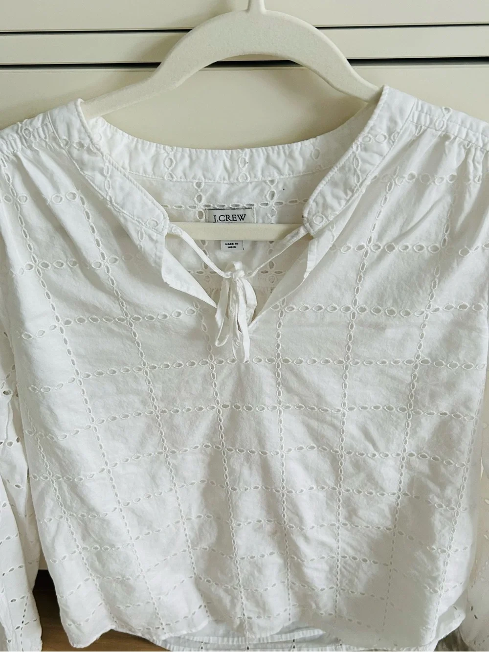 J.Crew White Eyelet Tie-Neck Peasant Top S